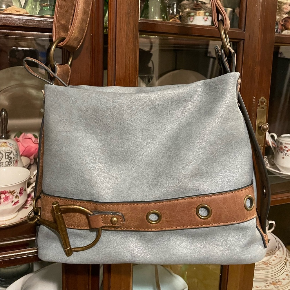 Liz Soto Anna Blue Vegan Leather Crossbody With Adjustable Strap Brass Hardware